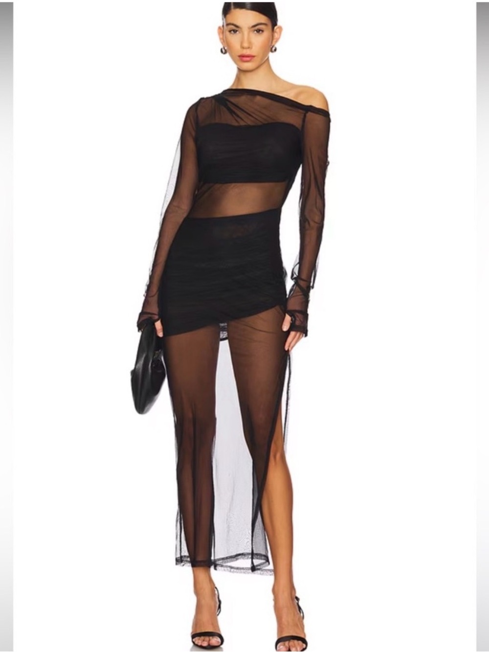 Syndys Black Sheer Long-Sleeve Maxi Dress with Mini Slip